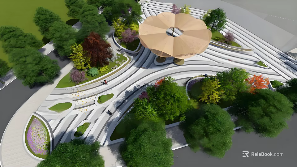 Beautiful Park Landscape With Umbrella like Pavilion Curved Paths And Lush Greenery 3d model 