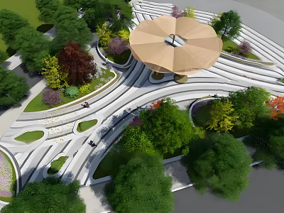 Beautiful Park Landscape With Umbrella like Pavilion Curved Paths And Lush Greenery 3d model