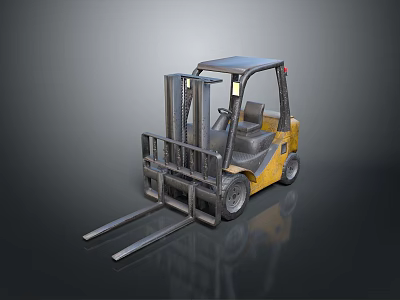 Yellow Forklift With Front Forks And Cab On Shiny Surface 3d model