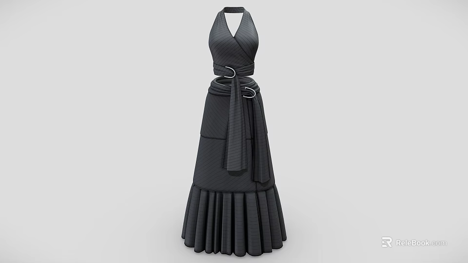 Black Halter Neck Dress With Belt And Pleated Skirt For Women 3d model 