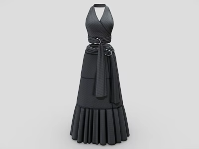 Black Halter Neck Dress With Belt And Pleated Skirt For Women 3d model