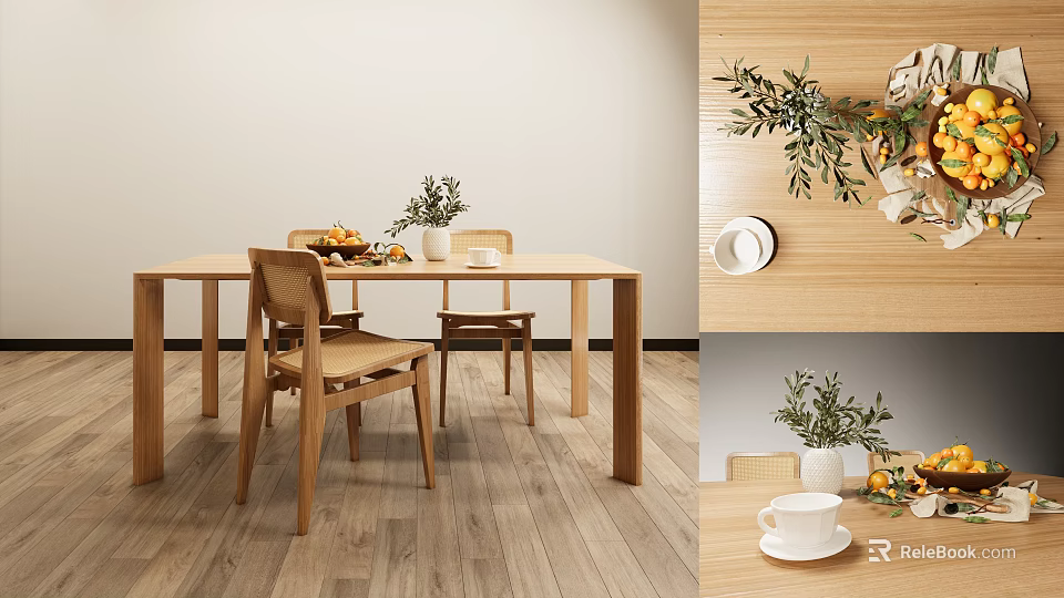 Natural Wooden Dining Table Set With Chairs Green Plants And Fruits Decoration 3d model 