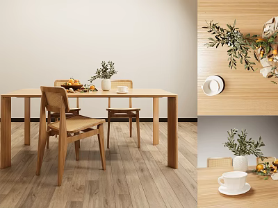 Natural Wooden Dining Table Set With Chairs Green Plants And Fruits Decoration 3d model