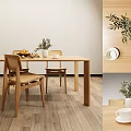 Natural Wooden Dining Table Set With Chairs Green Plants And Fruits Decoration