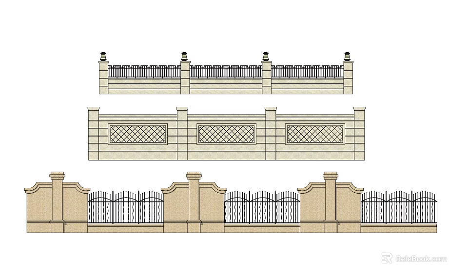 Traditional Building Exterior Wall Design With Stone Pillars Railing And Decorative Patterns 3d model