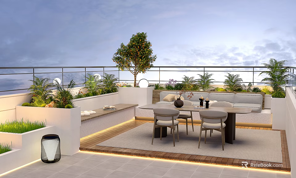 Rooftop Garden Design With Outdoor Dining Table Chairs Plants And Lighting 3d model 