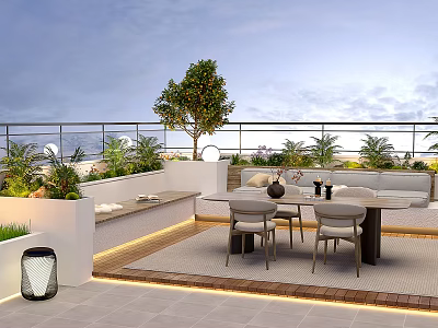 Rooftop Garden Design With Outdoor Dining Table Chairs Plants And Lighting 3d model