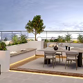 Rooftop Garden Design With Outdoor Dining Table Chairs Plants And Lighting