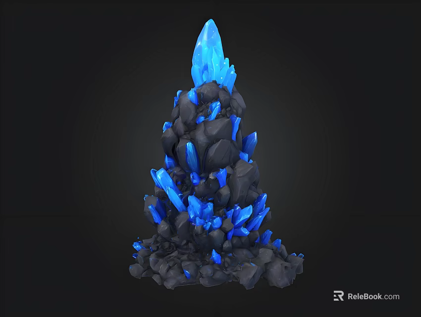 Glowing Blue Crystal Cluster With Black Rock Base And Sharp Crystalline Edges 3d model