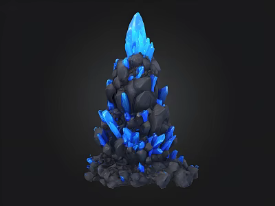 Glowing Blue Crystal Cluster With Black Rock Base And Sharp Crystalline Edges 3d model