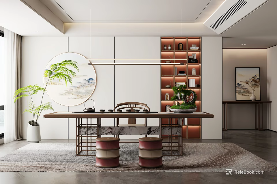 Elegant Tea Room Interior With Wooden Table Ceramic Teaware Potted Plant And Wall Art 3d model 