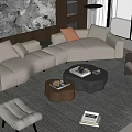 Modern Curved Beige Sofa and Coffee Table Set with Decorative Pillows Rug and Large Windows