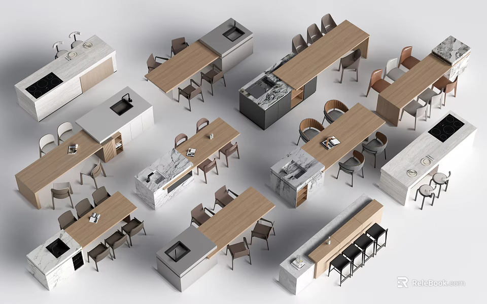 Modern Dining Table Combinations With Wooden Tops Chairs And Kitchen Island 3d model