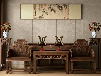 Chinese-style Armchair Hall Eight Immortals Table Master Chair Six-piece Set Combination Table and Chair Table Ornaments Vase Wall Decoration Hanging Painting 3d model