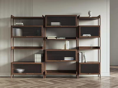 Modern Dark Brown Wooden Bookcase With Open Multi-layer Shelves And Decorative Items 3d model