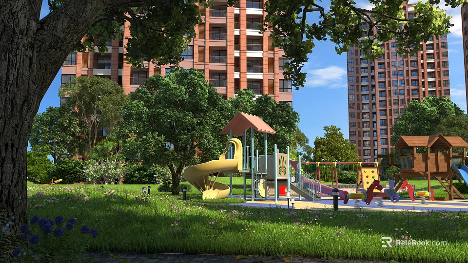 Scenic Park Landscape with Playground Equipment Green Trees and Lush Grass Near Residential Buildings 3d model 