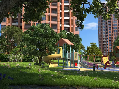 Scenic Park Landscape with Playground Equipment Green Trees and Lush Grass Near Residential Buildings 3d model