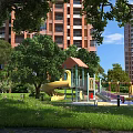 Scenic Park Landscape with Playground Equipment Green Trees and Lush Grass Near Residential Buildings