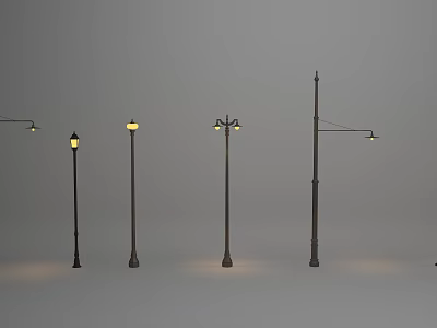 Outdoor Street Lights With Various Designs And Illuminated Lamps On Poles 3d model
