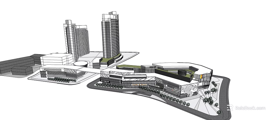Modern Commercial Complex Featuring High Rise Towers And Low Rise Retail Spaces 3d model 