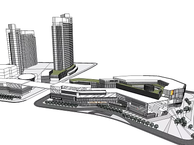 Modern Commercial Complex Featuring High Rise Towers And Low Rise Retail Spaces 3d model