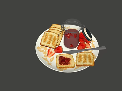 Fresh Strawberry Jam and Toasted Bread Slices on Plate with Strawberries and Knife 3d model