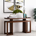 Wooden Console Table with Bonsai Plant Blue Ceramic Vases and Gold Black Landscape Paintings