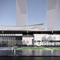 Modern Sales Office Building With Curved Glass Facade Green Roof And Landscaped Trees