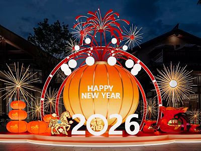 Happy New Year 2026 Art Installation With Orange Sphere Fireworks Lanterns And Tiger 3d model