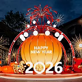 Happy New Year 2026 Art Installation With Orange Sphere Fireworks Lanterns And Tiger