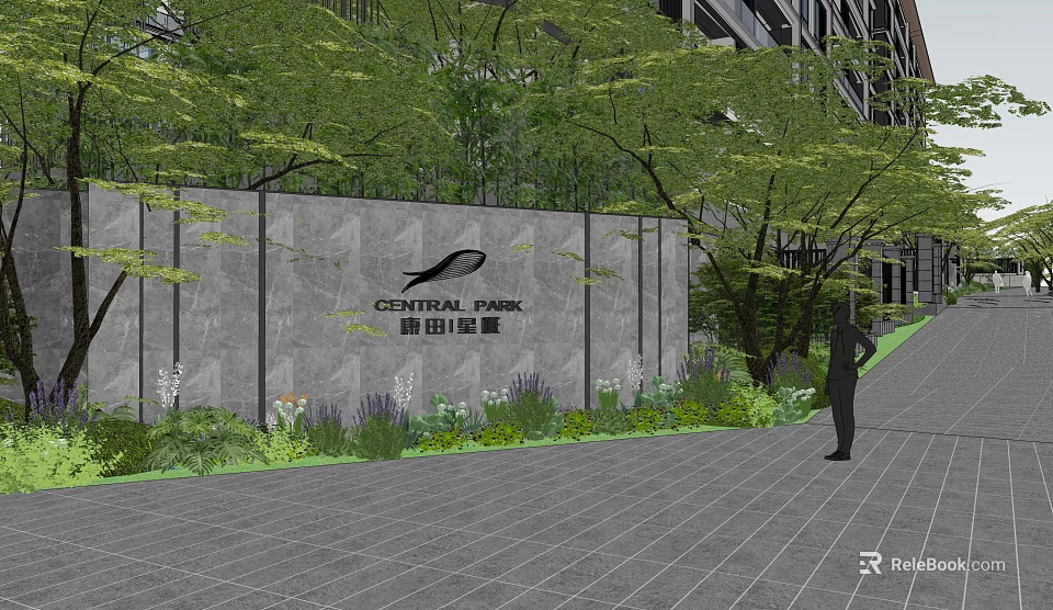 Modern Garden Landscape With Gray Wall Trees Green Plants And Paved Pathway 3d model 