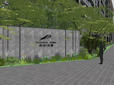 Modern Garden Landscape With Gray Wall Trees Green Plants And Paved Pathway 3d model