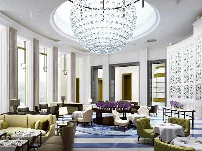 Elegant Restaurant Interior Design With Crystal Chandelier Tables Chairs And Decorative Paintings 3d model