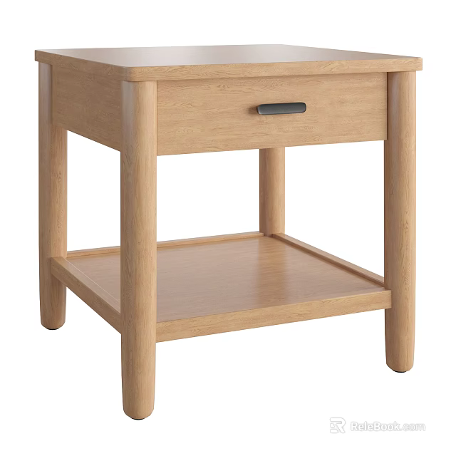 Simple Modern Wooden Side Table With Drawer Black Handle And Lower Shelf 3d model