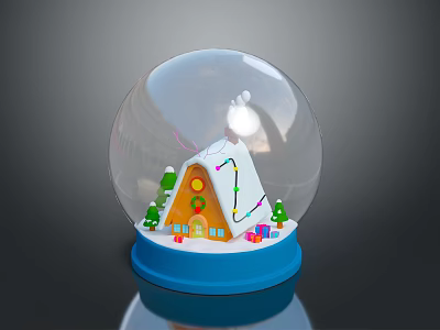 Decorative Miniature Furniture House In Glass Snow Globe With Blue Base And Christmas Elements 3d model