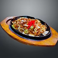Delicious Fried Noodles with Cabbage and Red Chili Slices on Iron Plate Wooden Tray