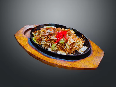 Delicious Fried Noodles with Cabbage and Red Chili Slices on Iron Plate Wooden Tray 3d model