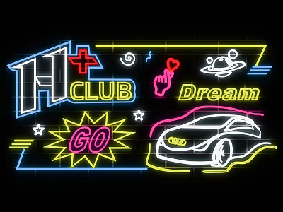 Neon Decorative Lights For Club With Dream Sign Car Stars And Hand Gesture 3d model