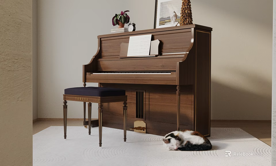 Brown Wooden Piano with Sheet Music Painting and Decorations Top Stool Cat on Carpet 3d model 