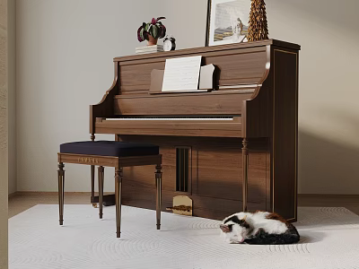 Brown Wooden Piano with Sheet Music Painting and Decorations Top Stool Cat on Carpet 3d model