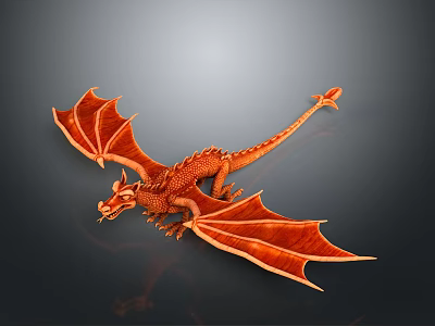 3D Orange Dragon Model with Scaled Body and Wings in Flying Pose on Dark Background 3d model