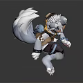 Game Movie Character With White Wolf Ears Tail Blue Eyes In Dynamic Combat Pose