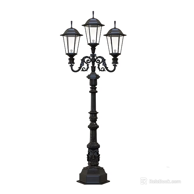 Vintage Style Outdoor Lamp With Three Glass Shades And Black Metal Ornate Design 3d model 