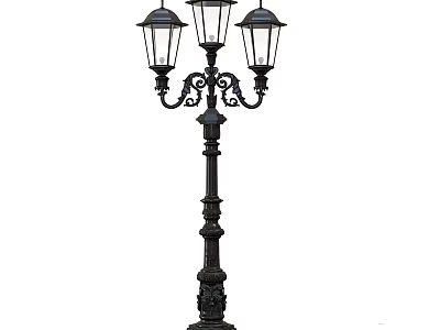 Vintage Style Outdoor Lamp With Three Glass Shades And Black Metal Ornate Design 3d model