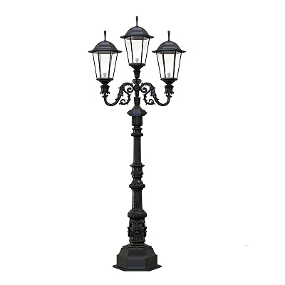 Vintage Style Outdoor Lamp With Three Glass Shades And Black Metal Ornate Design 3d model