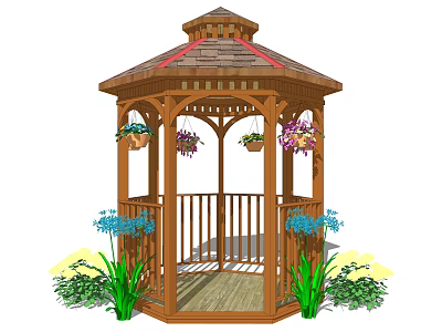 Octagonal Wooden Gazebo With Hanging Flower Pots Wooden Railing And Garden Plants 3d model