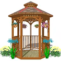 Octagonal Wooden Gazebo With Hanging Flower Pots Wooden Railing And Garden Plants