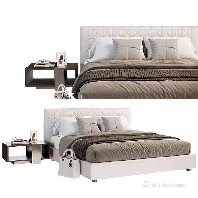 Modern Double Bed with White Circular Pattern Headboard Brown Bedspread and Side Nightstand 3d model