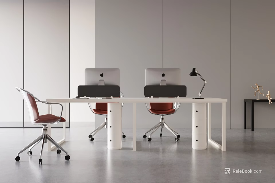 Modern White Office Desk Setup With Computer Monitors Red Office Chairs And Desk Lamp 3d model 