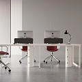 Modern White Office Desk Setup With Computer Monitors Red Office Chairs And Desk Lamp